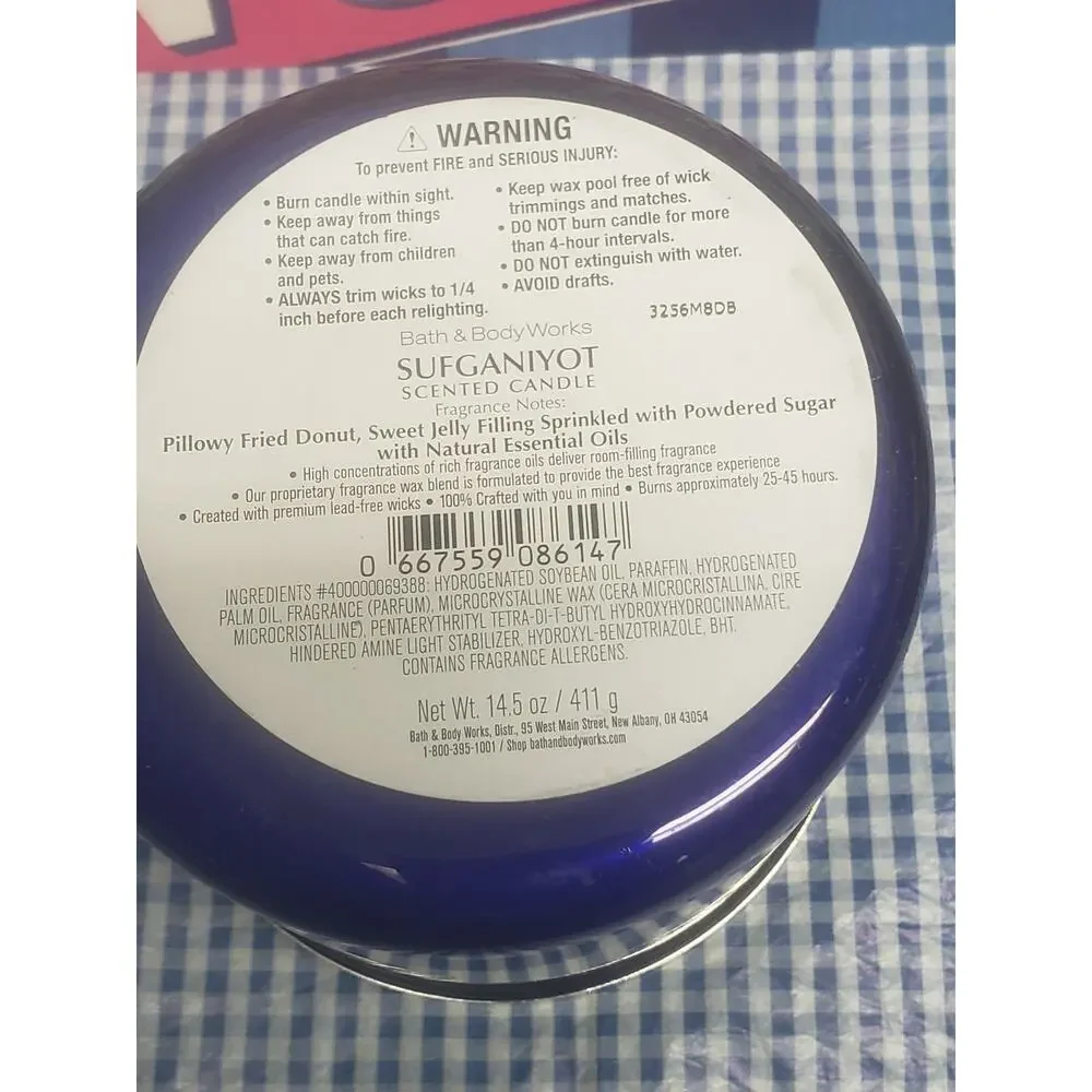BBW Blue Jar Happy Hanukkah SUFGANIYOT  Large 3 Wick Candle Home Fragrance Decor